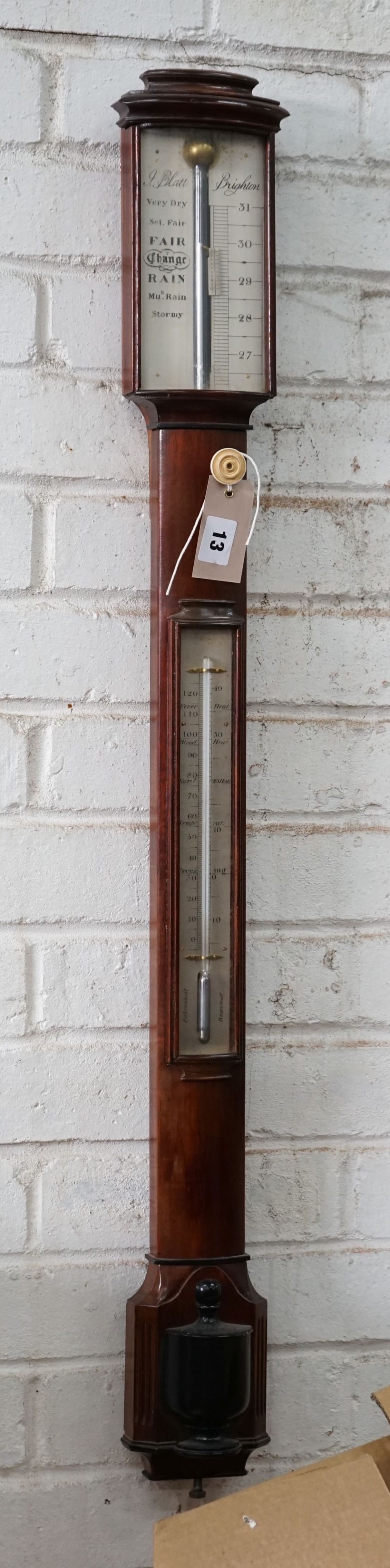 A Georgian style mercury stick barometer and thermometer, dial marked J. Blatt, Brighton, in mahogany case with silvered scale, height 100cm